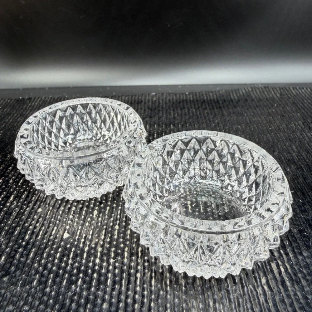 Vintage Clear Pressed Glass Salt Cellars Diamond Point Pattern‎ Set of 2 Dips